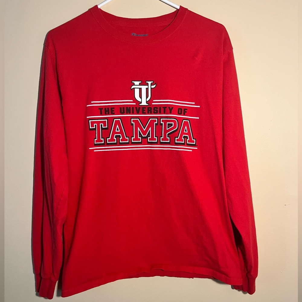 Red University of Tampa long sleeve, Champion brand size medium.